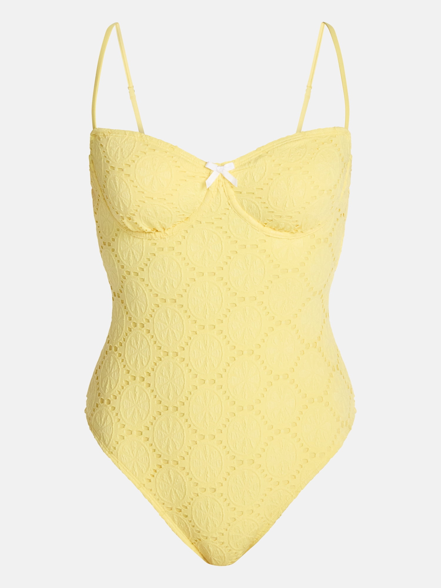 No Boundaries Lemon Eyelet Underwire One Piece Swimsuit, Women's XXS-XXL
