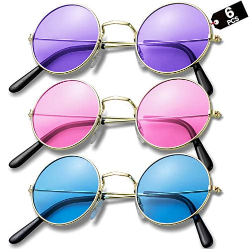 Lot de 6 paires de lunettes de soleil rondes style hippie années 60 et 70 -  Lunettes de soleil colorées pour homme et femme : : Mode