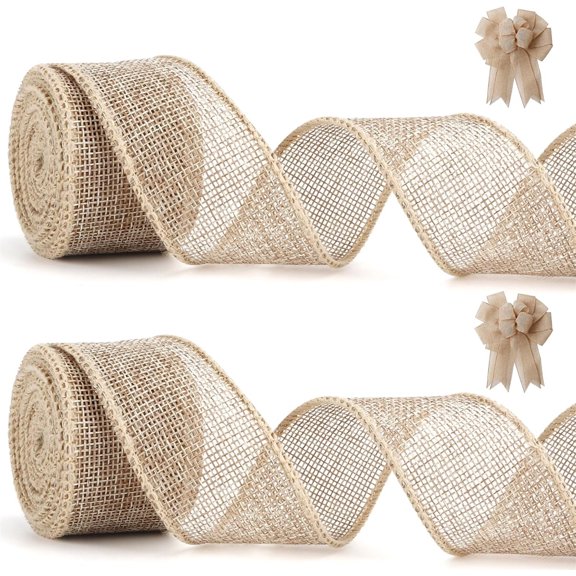 Burlap Ribbon Burlap Wired Ribbon Tutuviw 2 Rolls 1.6 in x 5 Yards Fabric Ribbon Natural Jute Ribbonn for Gift Wrapping Jute Linen Ribbons for Crafts Wreaths Flower Bouquet Christmas Ornaments
