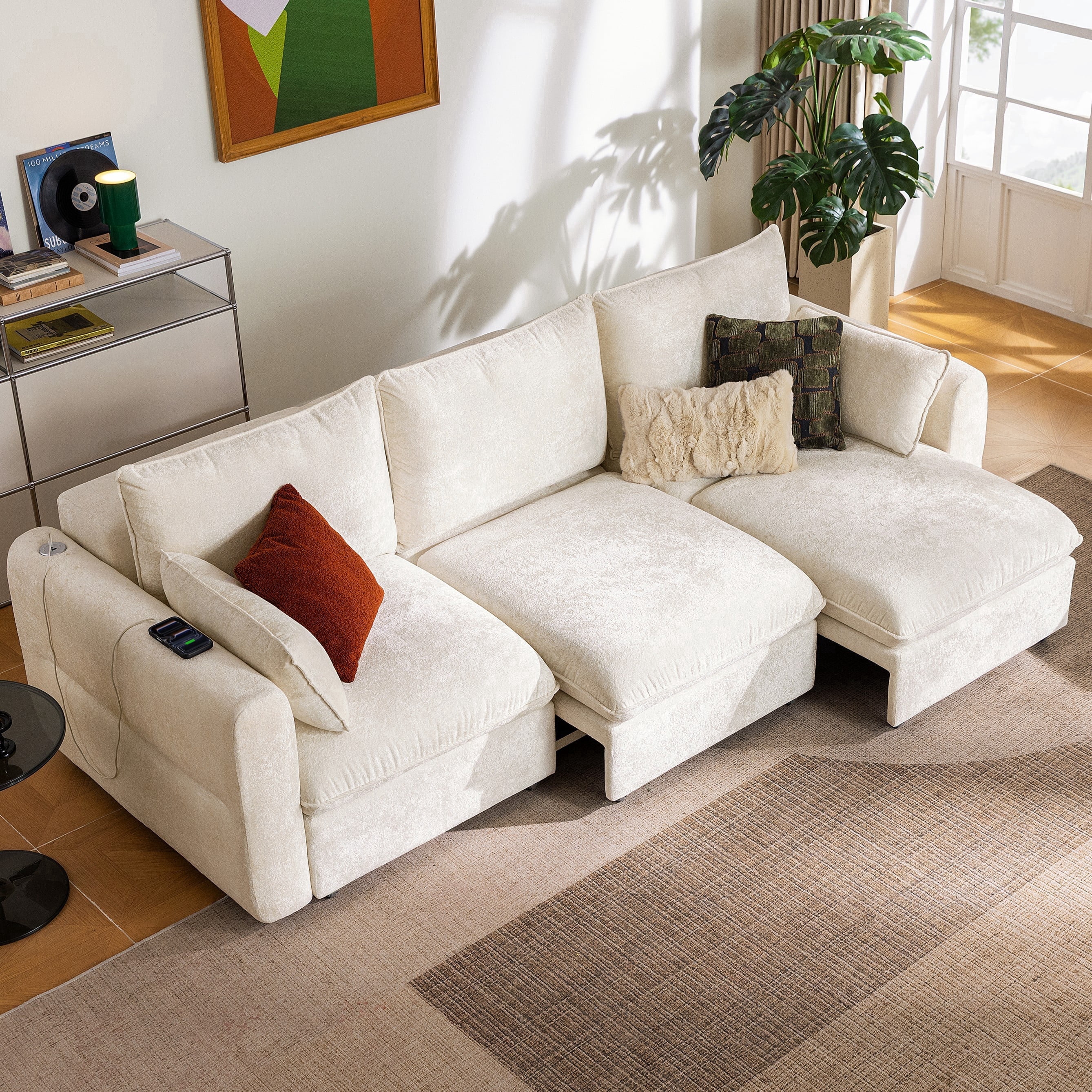 CHIC HOUSE 104" Electric Extendable Sofa Bed with Triple Motor, Convertible Smart Power Reclining Sleeper Sofa Deep Seat 3-Seat Couch with Solid Wood Frame in Velvet, Beige