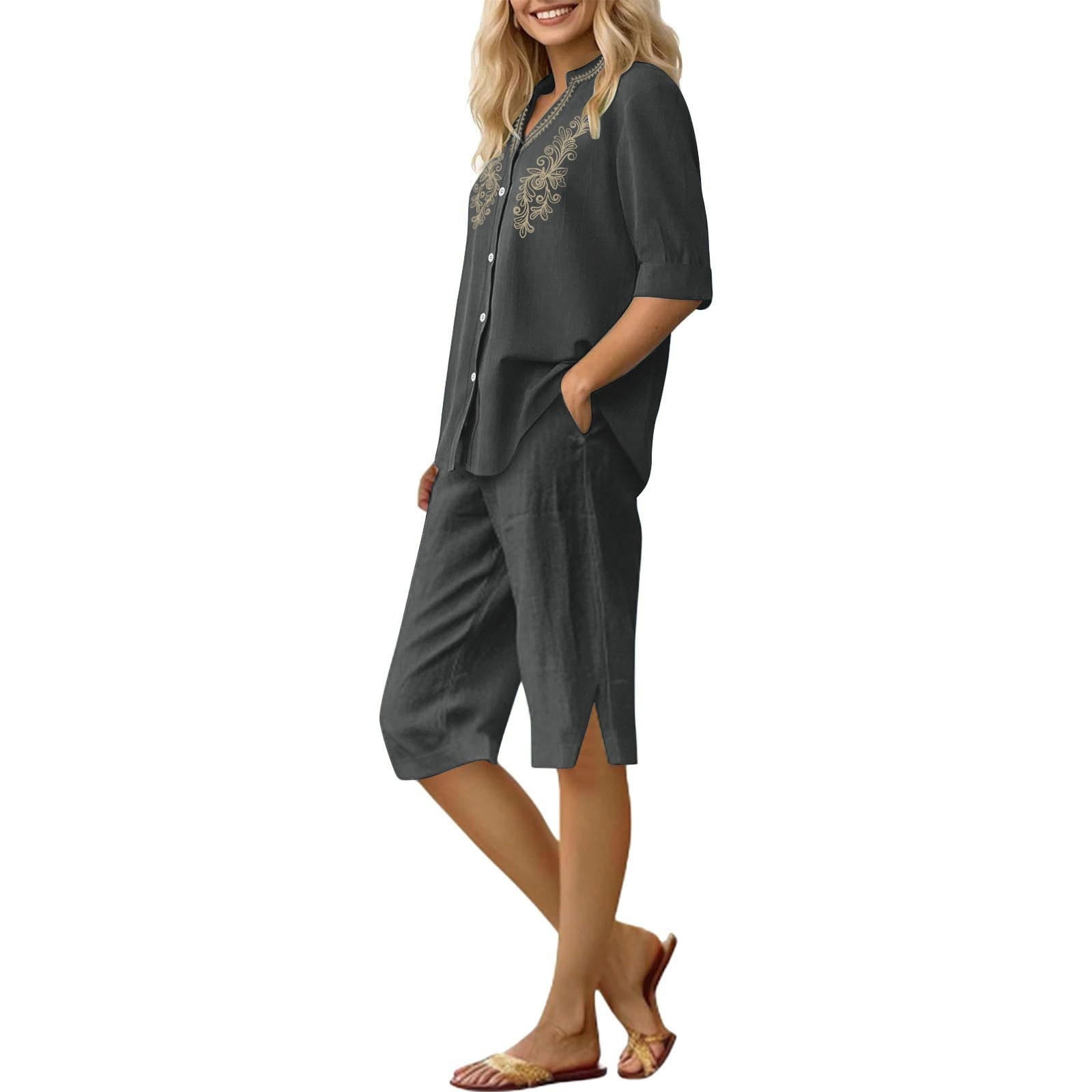 Womens 2 Piece Outfits Short Sleeve Cotton Linen Embroidered Shirts Wide Leg Capri Pants Matching Sets