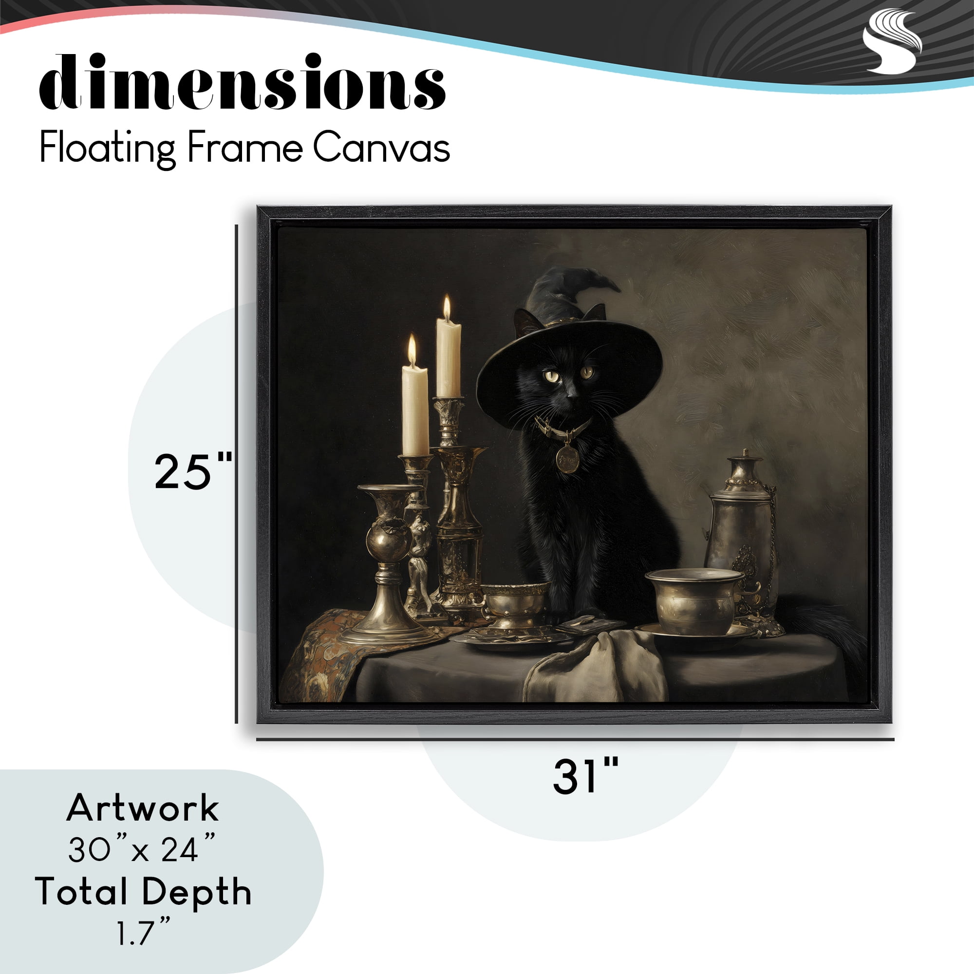 Vintage Witchy Black Cat Black Framed Floater Canvas Wall Art, design by Arlington Prints