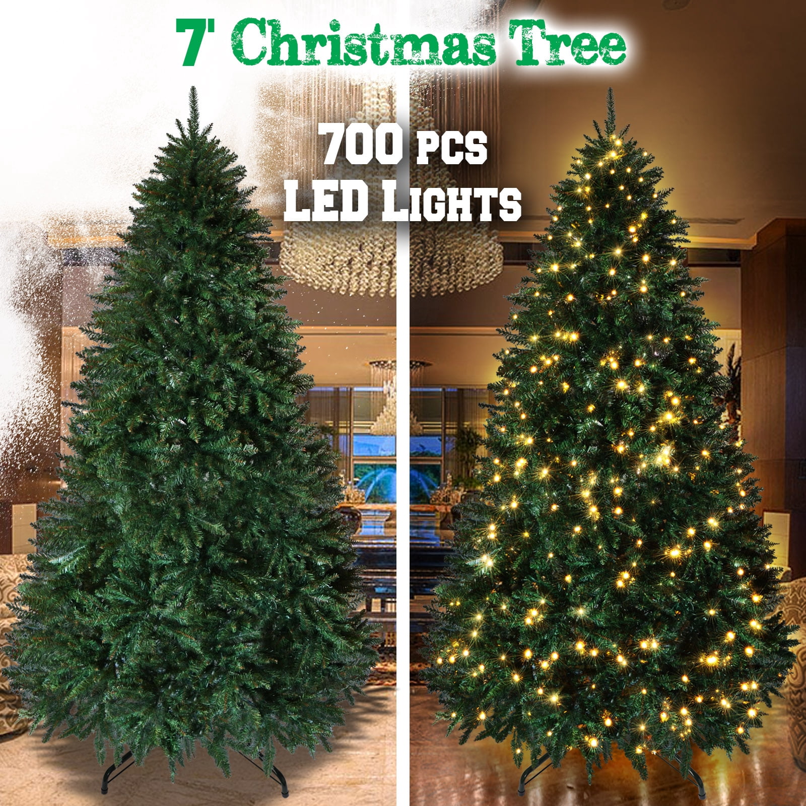 Sunrise 7 Artificial Christmas Tree with Metal Stand Full Tree Xmas Holiday (7' with 700 Clear Lights and 2154 tips) Green