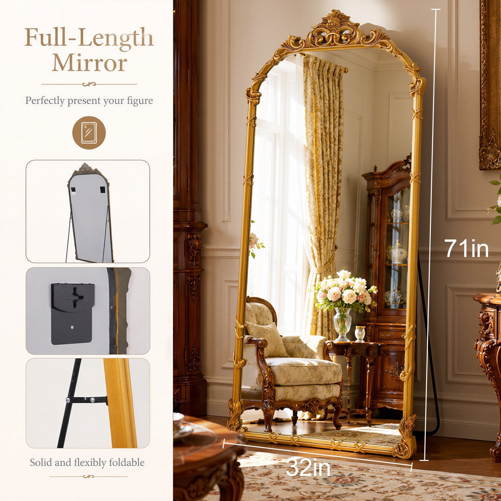 Easy4Home 71"x32" Arched Full-Length Floor Mirror Baroque Scroll Carved Standing Mirror, Bright Gold