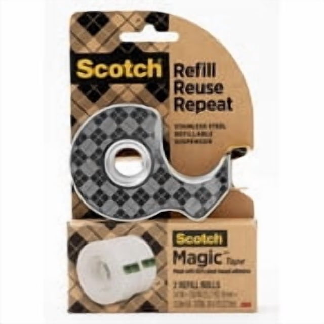 Dispensador Metálico de Cinta Adhesiva Scotch, Incluye 2 rollos de Cinta Mágica de 19mm x 13.9m