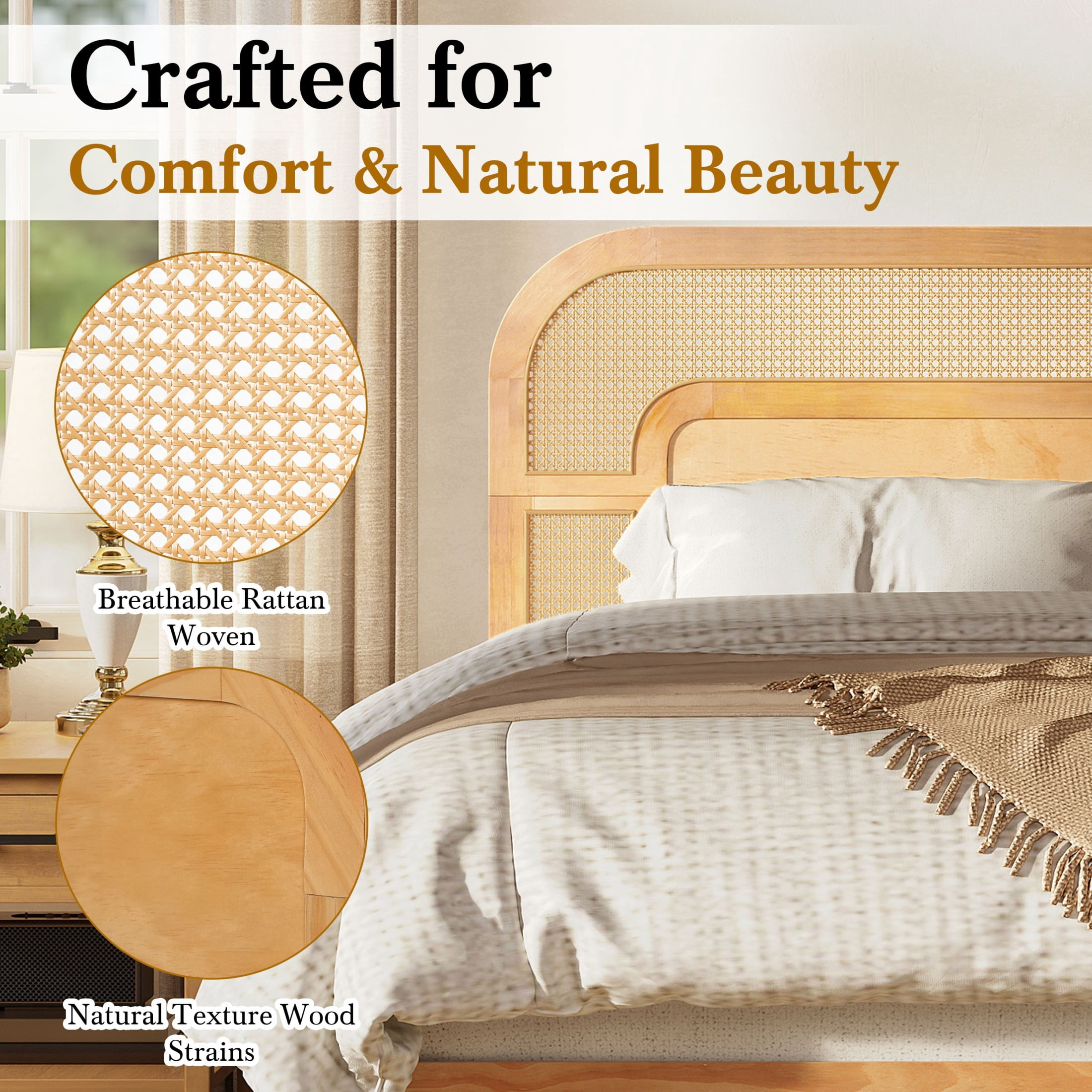 Christopher Knight Home Bohemian Queen Platform Bed with Rattan Headboard, Solid Wood Frame, Oak