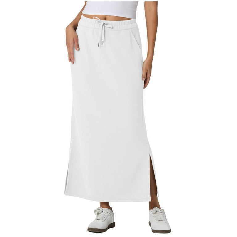 AKOEE Cotton Maxi Skirts for Women with Pockets Side Slit Casual