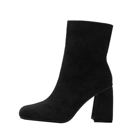 

Black Boots for Women Ankle Boots Autumn And Winter Fashion Comfortable Square Toe Square Heel Simple Solid Color Side Zipper Ankle Boots for Women Flock Black