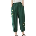 thumbnail image 2 of Wycnly Pants for Women Womens Harem Pants Vintage Cotton Linen Floral Embroidery Cropped Pants Summer Casual Elastic Waist Loose Straight Leg Crop Trousers with Pockets, 2 of 5