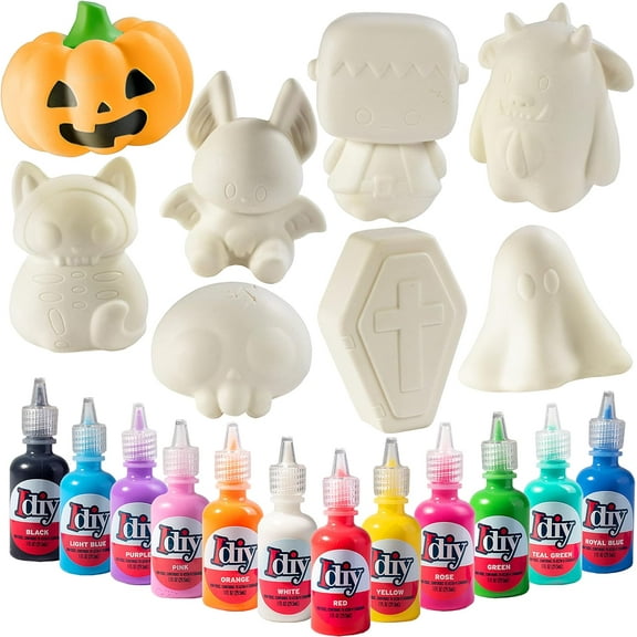 DIY Halloween Squishy Toy Set (8-Pack w 12 Fabric Paints) - Jumbo Kawaii Scented Slow-Rising Mochi Squishies - Paint & Decorate Kit, Stress Relief Toys, Trick-or-Treat Favors, Gifts for Kids/Adults