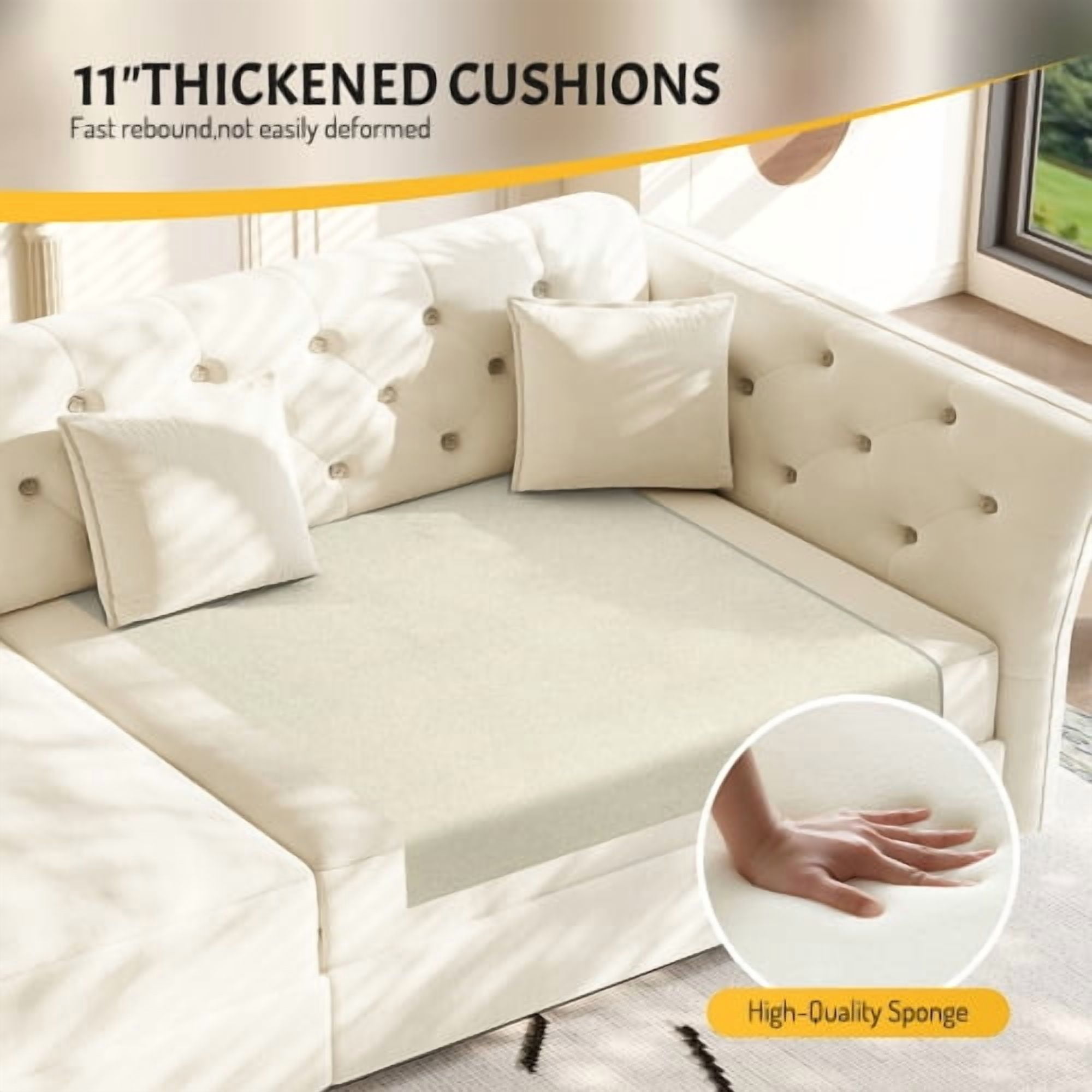 74.4" Queen Pull Out Sofa Bed, Convertible Sleeper Sofa with Handmade Fabric Flower Tufted Design, Multi-Functional Velvet Loveseat Bed for Living Room, Bedroom, Beige