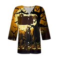 thumbnail image 3 of Blusa de Halloween con botones para mujer, estampado de bruja volando sobre un castillo encantado, manga 3/4, camisa informal con cuello en V, 3 of 4