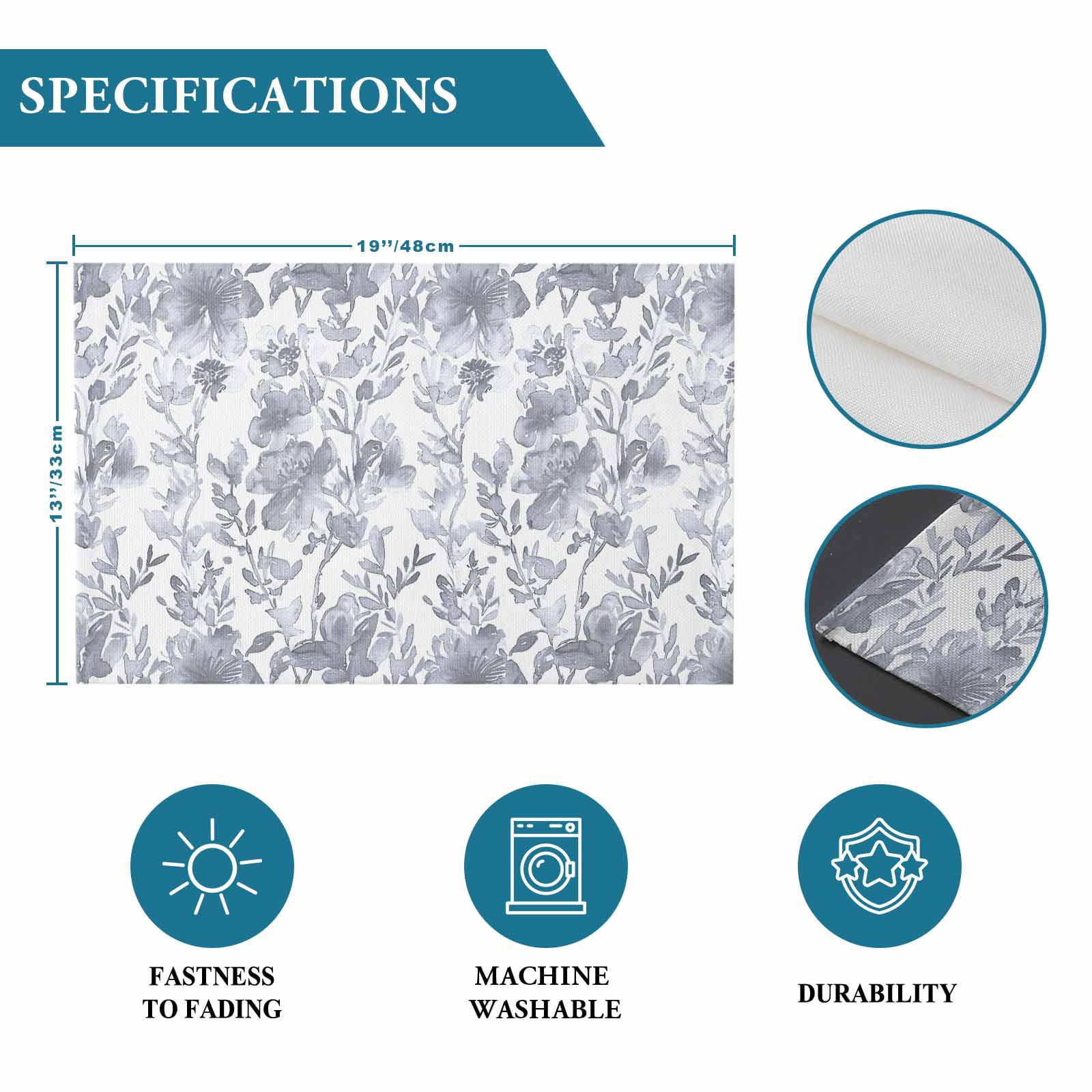 Placemat Watercolor Flower Placemats for Dining Table Gray Floral Plant Washable Table Mats for Party Kitchen Dining Decoration