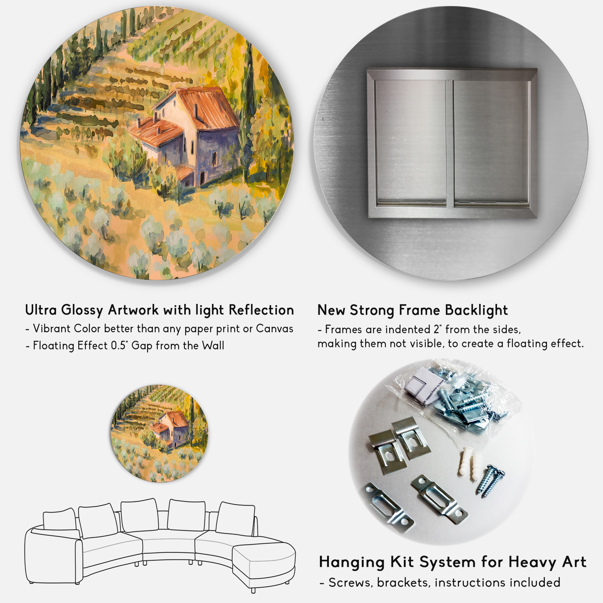 Designart 'Little Farmhouse In Countryside' Country Circle Metal Wall Art 36x36 - Disc of 36