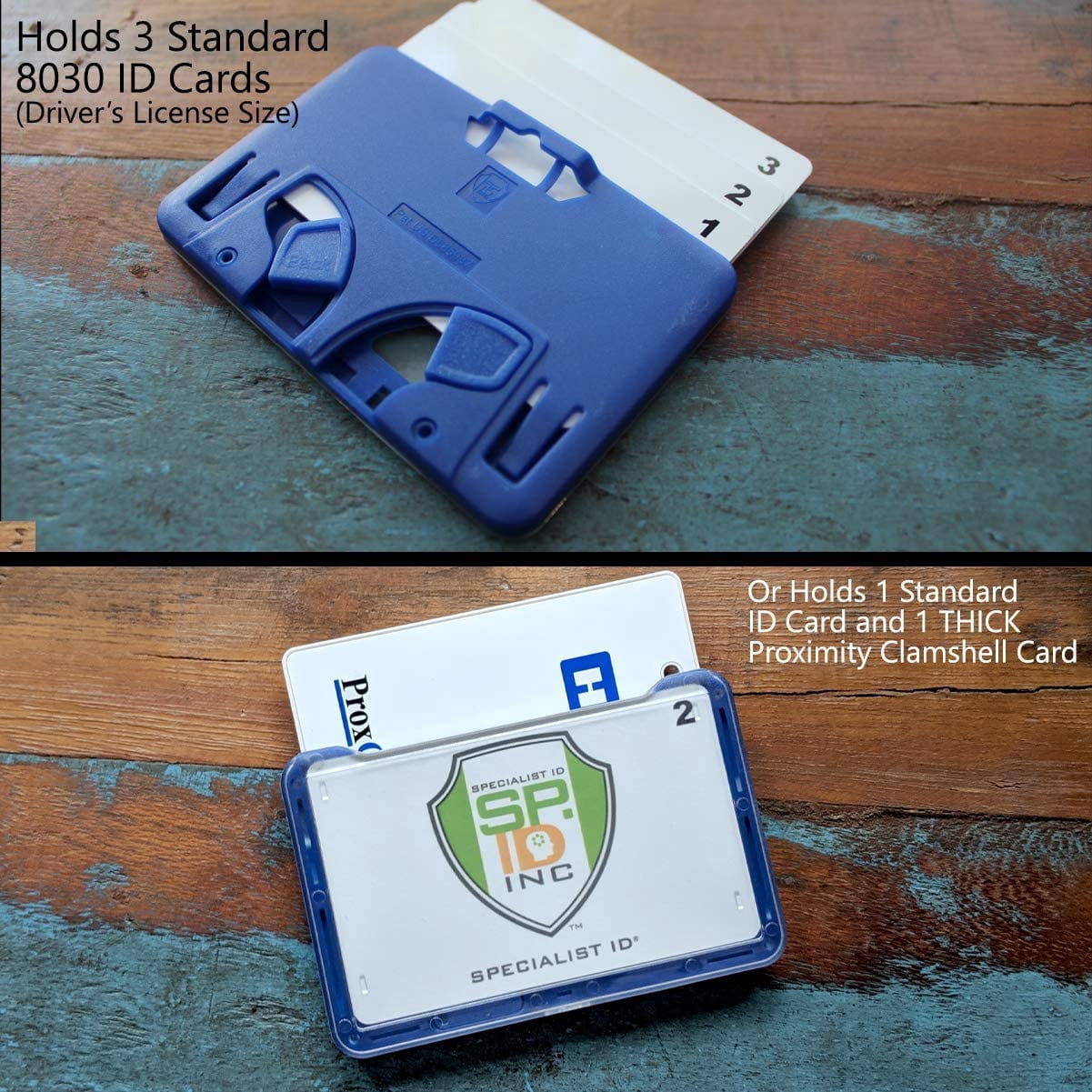 20 Pack - Heavy Duty Badge Holder for 3 Cards Horizontal - ID Cover Holds Three Badges Rigid Polycarbonate Multiple Card Case for 2 to 3 I’d - Top Load I.D. Case for Work by Specialist ID (Blue)
