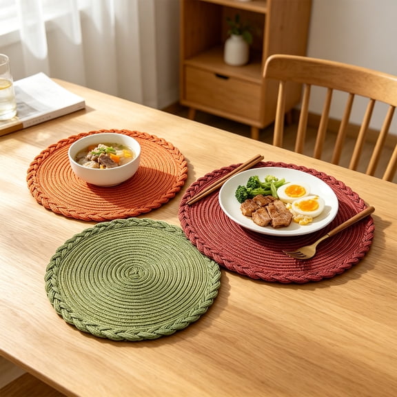 KGJQ 12 Inch Round Placemats, Polyester Woven Braided Place Mats, Washable Heat Resistant Circle Dining Table Mats for Kitchen