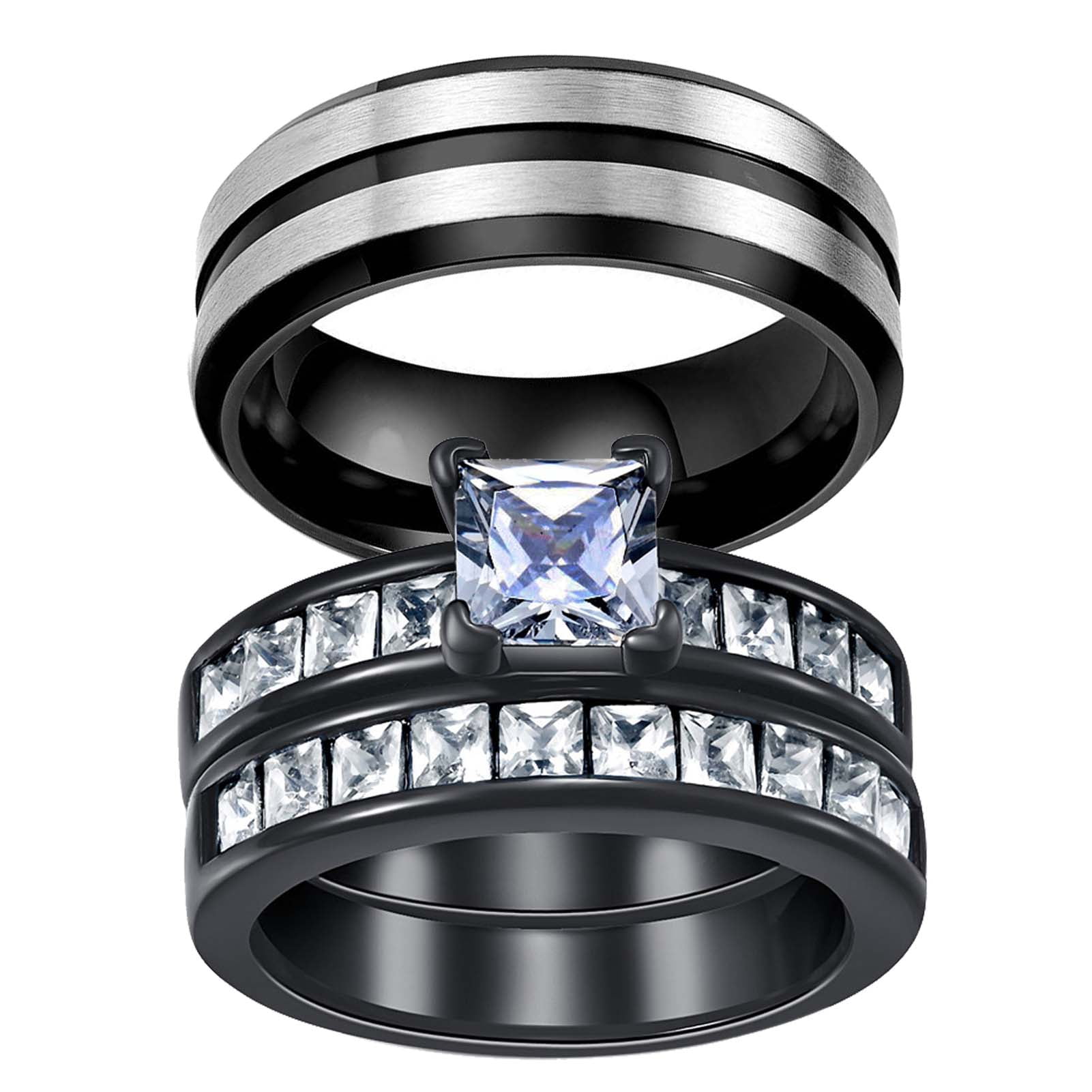 Bridal Wedding Bands Decorative Bands Stainless Steel Polished Grooved Black CZ Ring Size 9.5