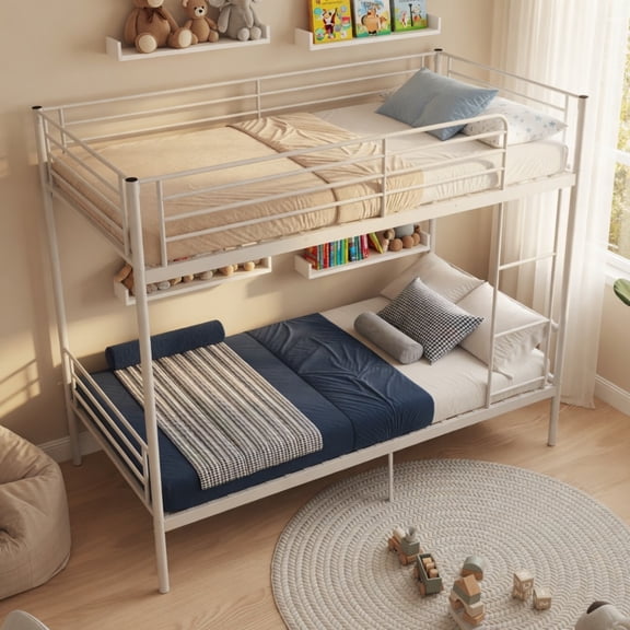 Twin over Twin Bunk Bed with Ladder & Guardrail, Split into 2 Beds, Storage & Noise-Free, for Bedroom, White