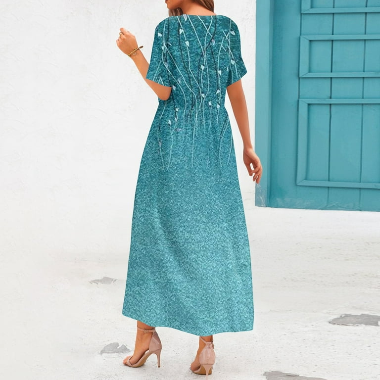 UoCefik Spring Dresses for Women 2025 Short Sleeve Round Neck Church Dresses  Pleated Knee Length Dress with Pockets Curvy Dress Cyan M - Walmart.com
