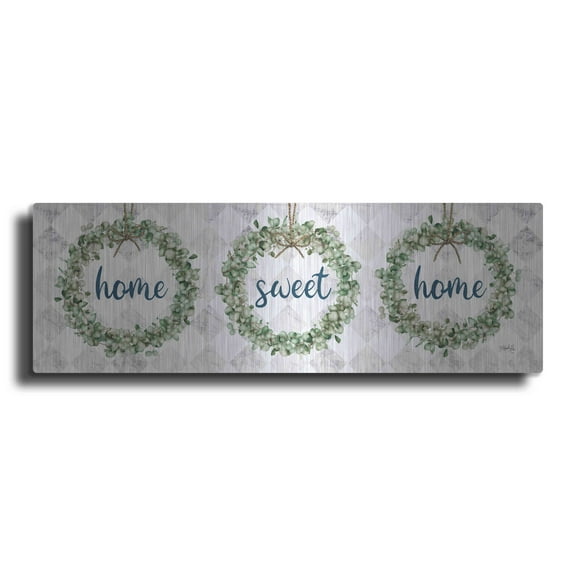 Luxe Metal Art 'Home Sweet Home Eucalyptus Wreaths' by Marla Rae, Metal Wall Art, 36"x12"