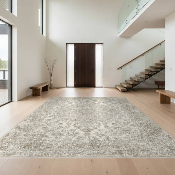 Design&I 8'x10' Washable Area Rug Extra Large Skid-Resistant Low Profile Beige Boho Faded Ornamental Symmetrical Vine Motif Farmhouse for Living Room, Family