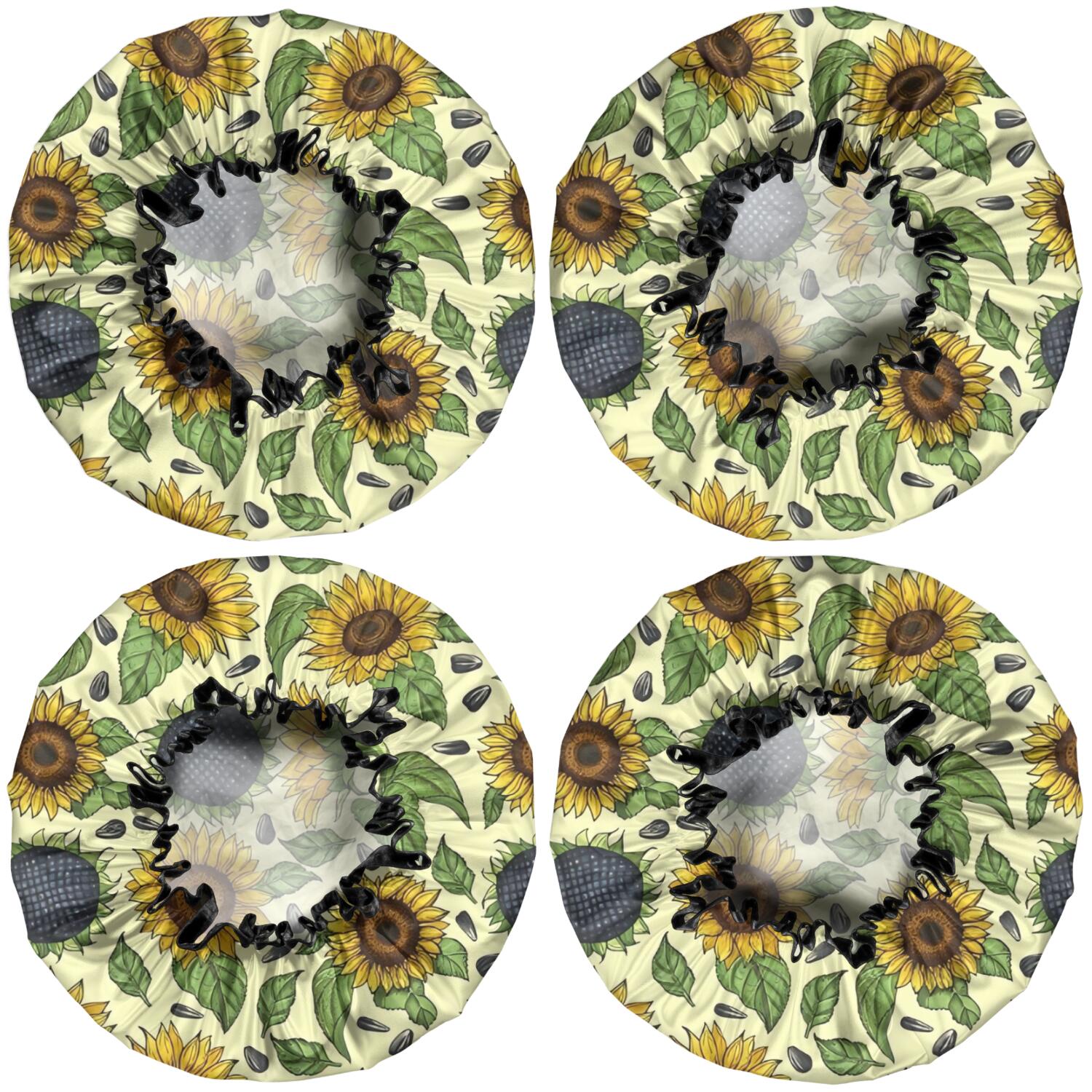Shower Caps,Yellow Sunflower Seed Leaf Pattern Waterproof Shower Cap for Women 4 Pieces,Double Reusable Hair Cover for Shower PEVA Elastic Stretch Hem