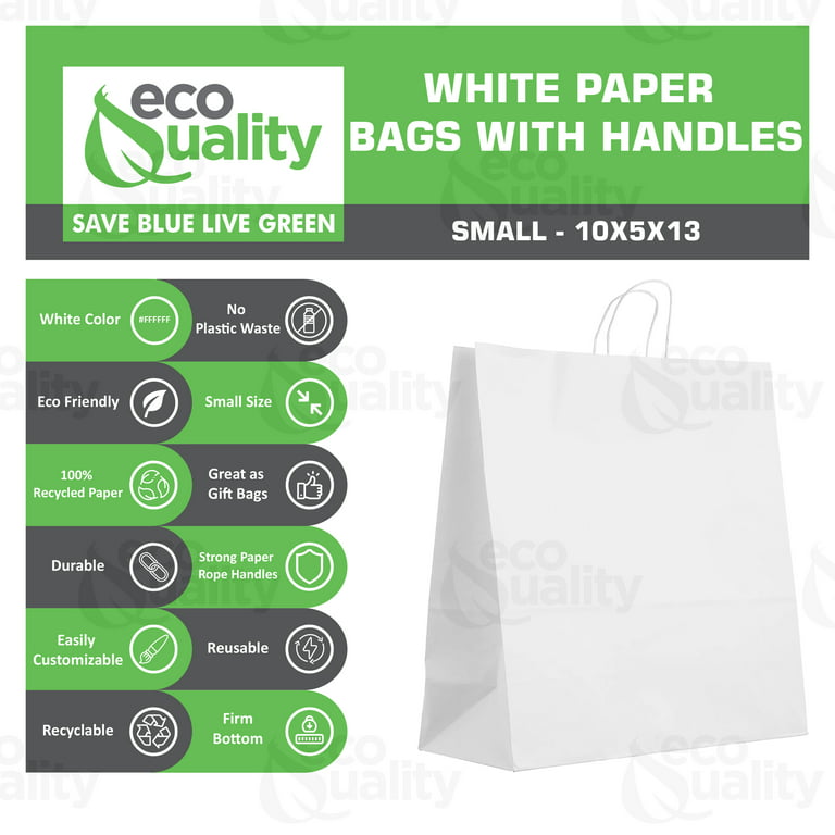 100 COUNT] 10x5x15 inches Medium White Kraft Paper Bags with Handles,  Shopping, Gift Bags, Party, Retail, Merchandise, Lunch Bags, Grocery Bags,  Strong, Reusable, Durable, Ecofriendly by EcoQuality 