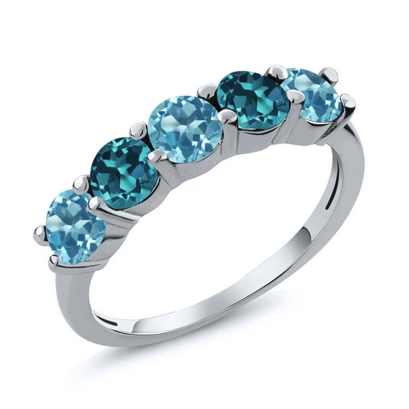 Gem Stone King 925 Sterling Silver Swiss Blue Topaz and London Blue Topaz Wedding Band Ring for Women (1.00 Cttw, Round 3.5MM, Gemstone November Birthstone, Size 5)