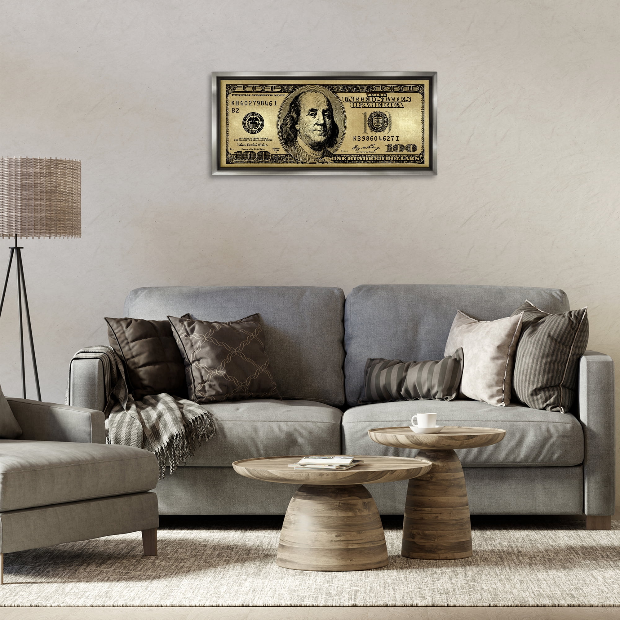Stupell Industries Hundred Dollar Bill Novelty & Humor Painting Gray Floater Framed Canvas Art Print Wall Art, 31 x 14