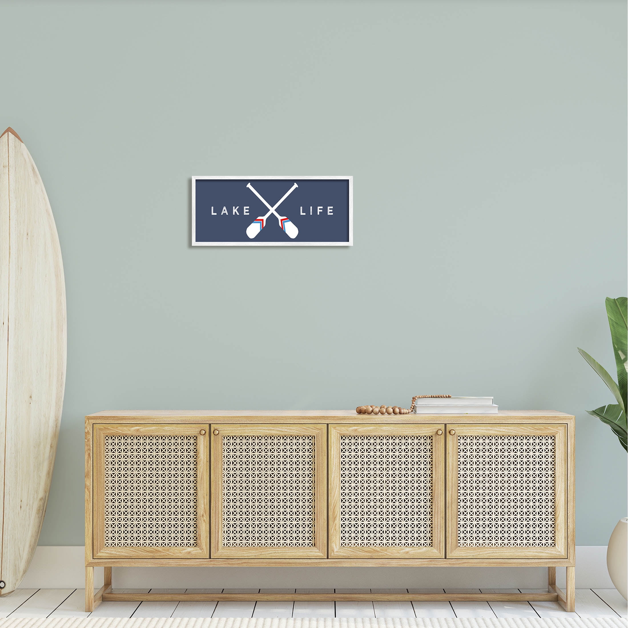 Lake Life Striped Oars Typography Graphic Art White Framed Art Print Wall Art