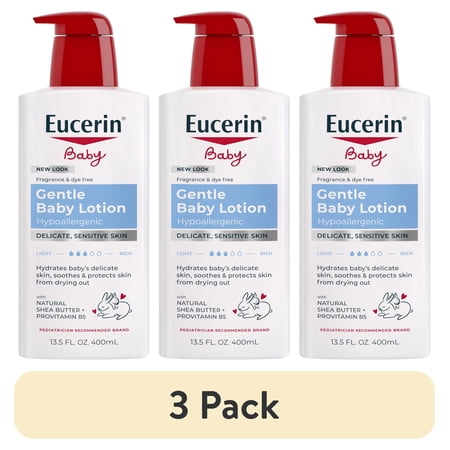 (3 pack) Eucerin Baby Lotion with Provitamin B5 and Shea Butter, Hypoallergenic, Fragrance Free, 13.5 fl oz