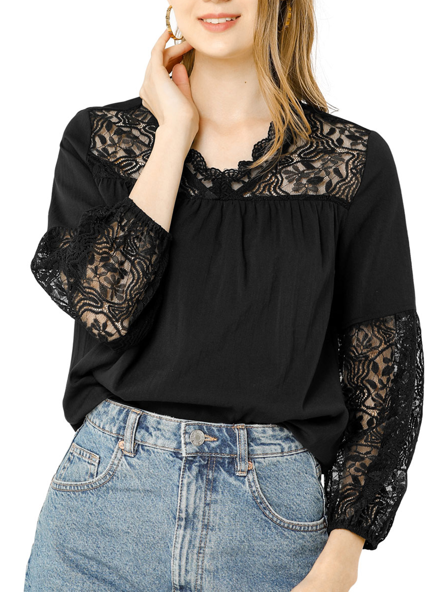 Women's Lace Floral Peasant Patchwork Long Puff Sleeve V Neck Blouse - image 2 of 6