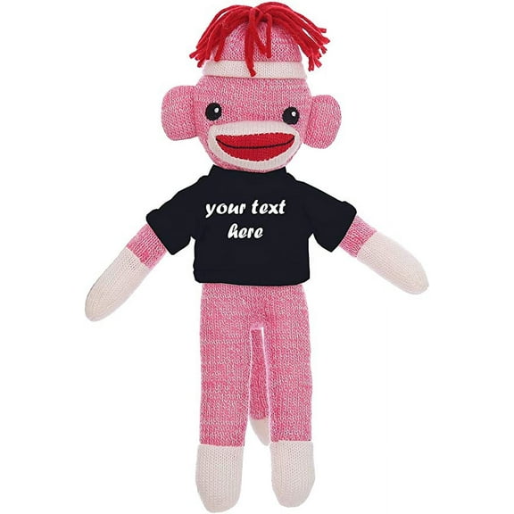 Made By Aliens Personalized Huggable Pink Sock Monkey 8 Inch Plush Stuffed Animal Gift - Custom Text on Shirt - Perfect for Valentine's Day, Halloween, Graduation Day, Birthday Present (Black)