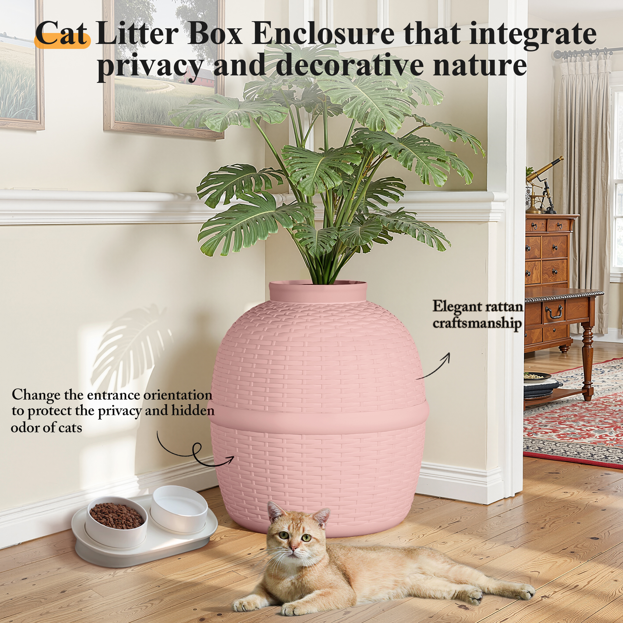 Superjoe Hidden Litter Box with Faux Plant, Large Cat Litter Box with Rattan Pattern, Heavy Duty PP Material Litter Box Enclosure Furniture for Home Decor,Pink