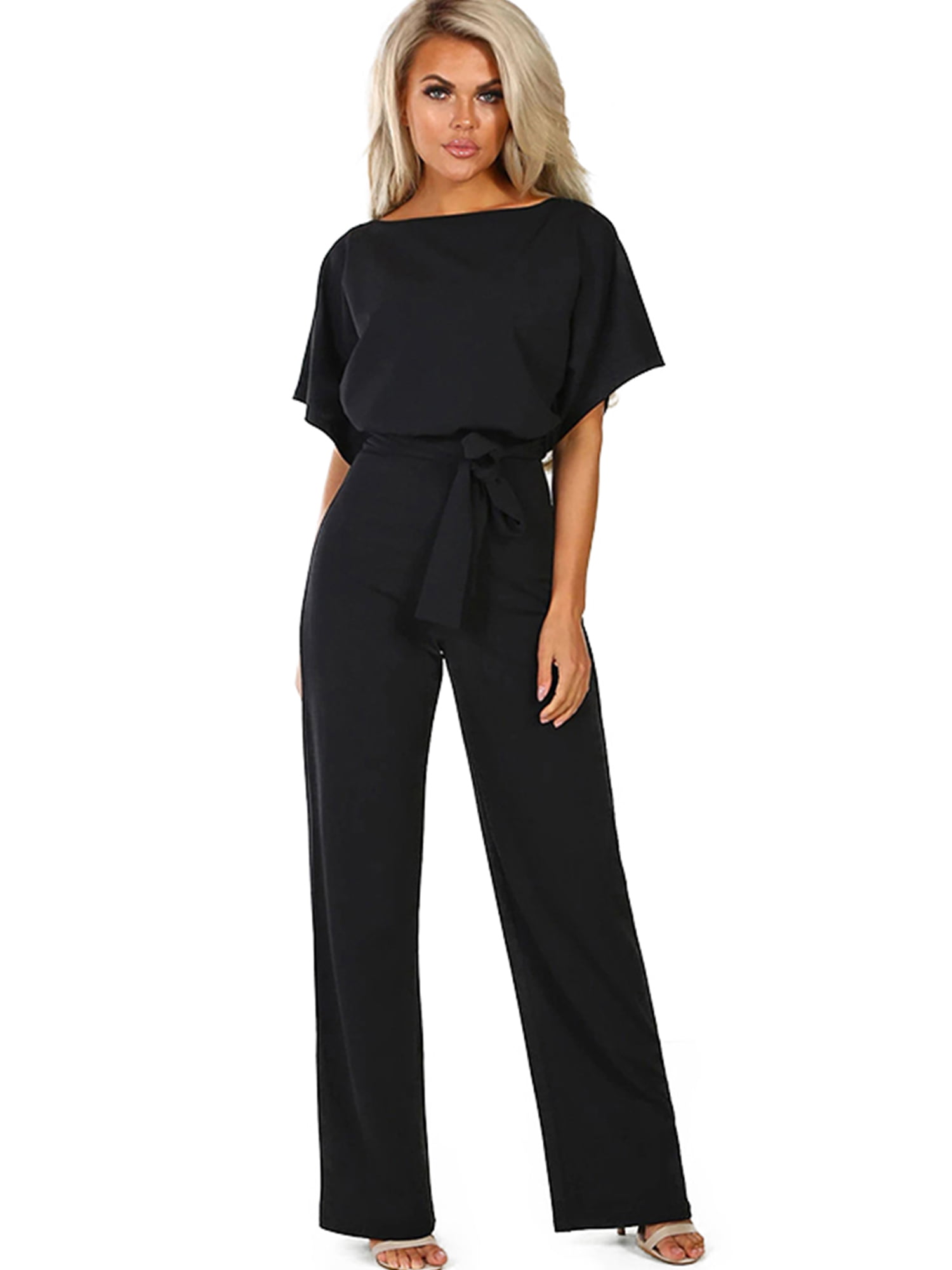 Women's Casual Playsuits Wide Leg Trousers Rompers Solid Short Sleeve Jumpsuit 