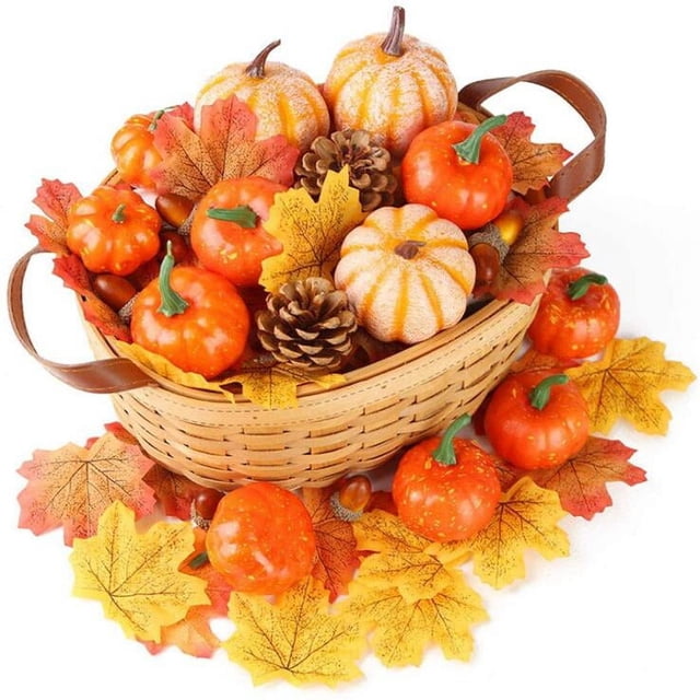 Calabazas artificiales para decoración, calabazas falsas con hojas de arce realistas, calabazas falsas, verduras artificiales para guirnaldas de otoño, decoraciones de Halloween y Acción de Gracias