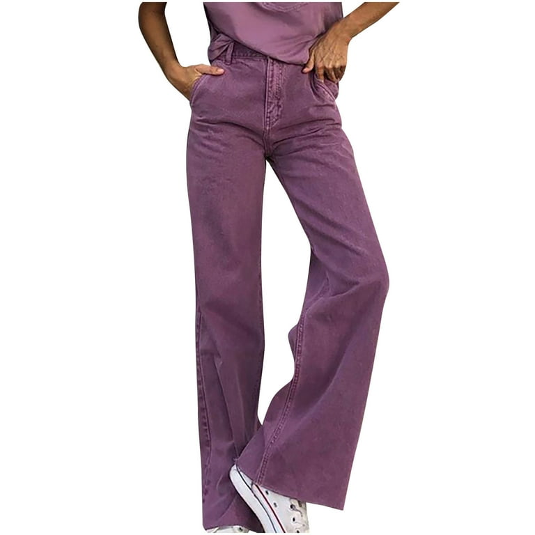 Yubnlvae Womens Jeans Women Fashion High Waist Pocket Solid Casual Loose  Wide Leg Pants Jeans Jeans For Women Purple 