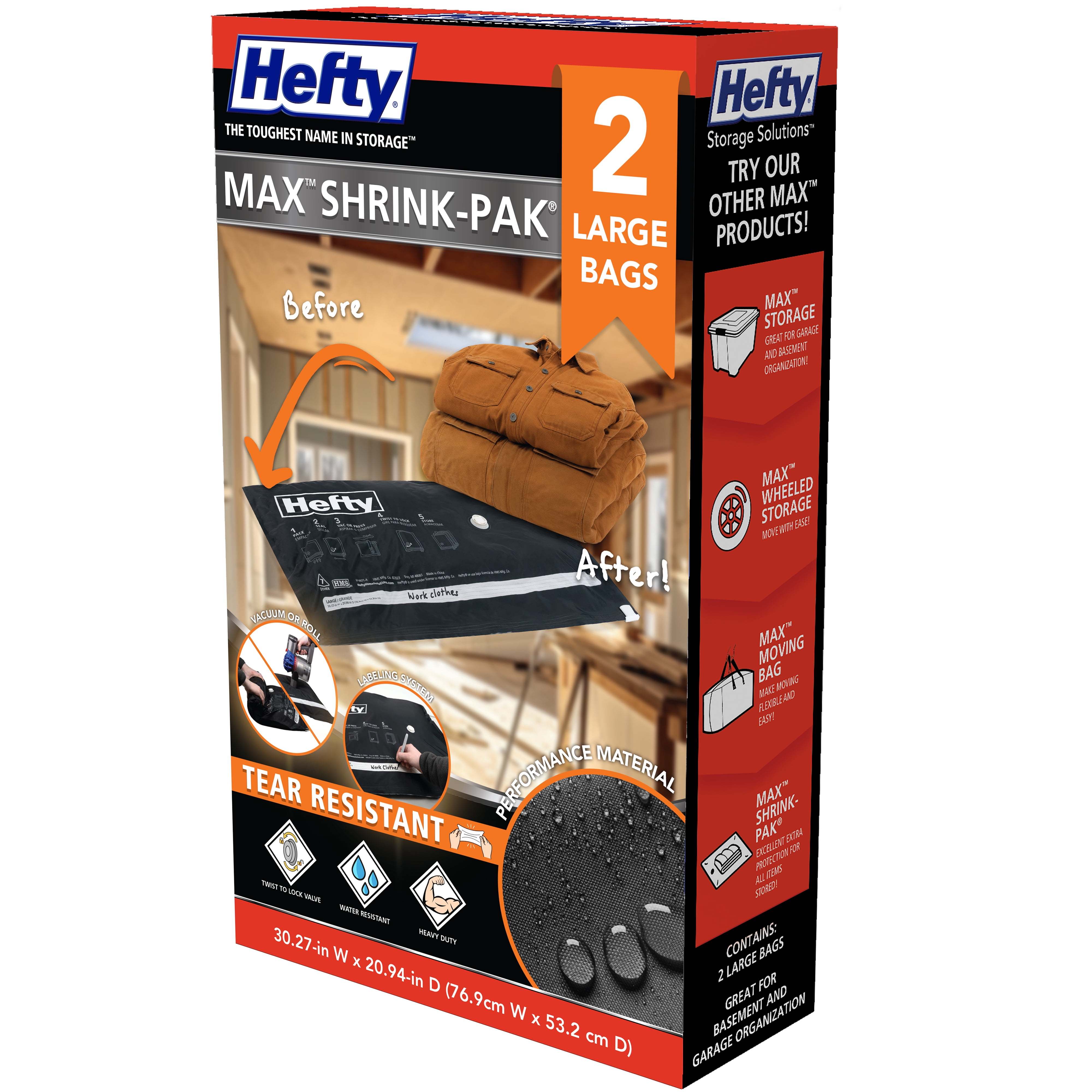 (2 pack) Hefty Max Shrink-Pak Portable Closet and Garage Organizer, Black