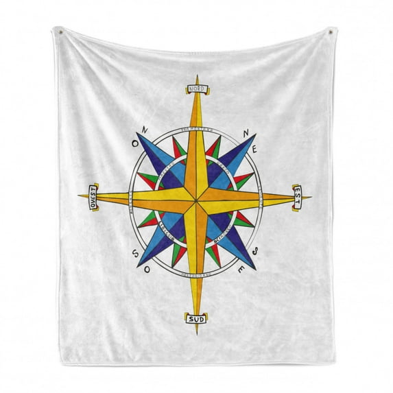 Compass Soft Flannel Fleece Blanket, Colorful Vivid Design Windrose Marine Life Theme Sailing Journey Directions, Cozy Plush for Indoor and Outdoor Use, 60" x 80", Yellow Night Blue, by Ambesonne