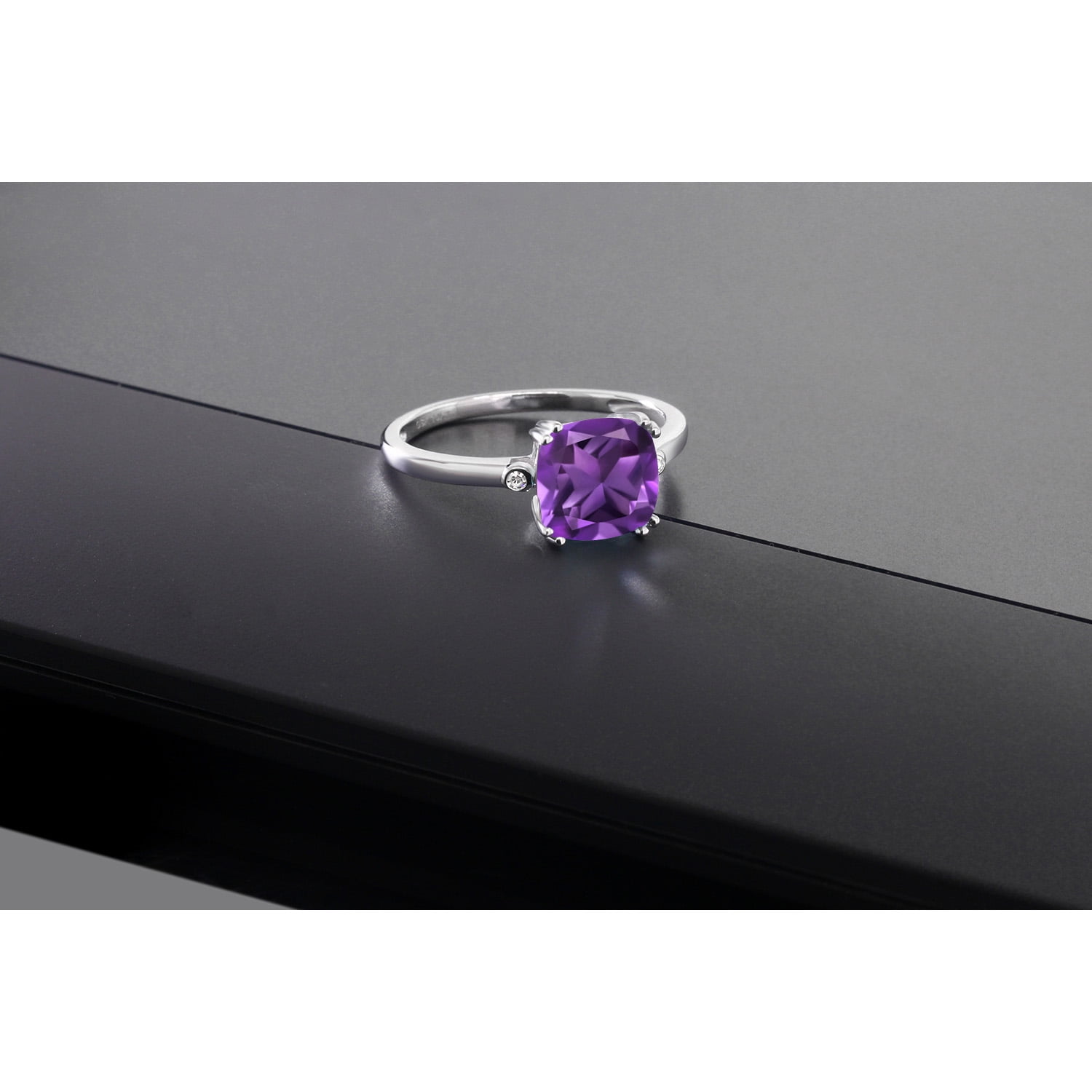 Gem Stone King 2.11 Ct Cushion Purple Amethyst White Diamond 10K White Gold Ring