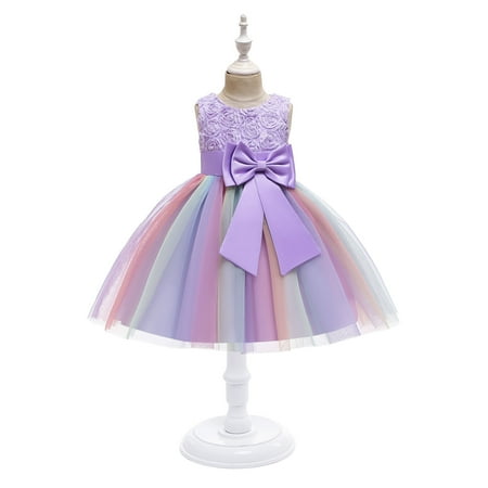 

QISIWOLE Toddler Girls Color Net Yarn Bowknot Birthday Party Flowers Gown Kids Dresses summer sale