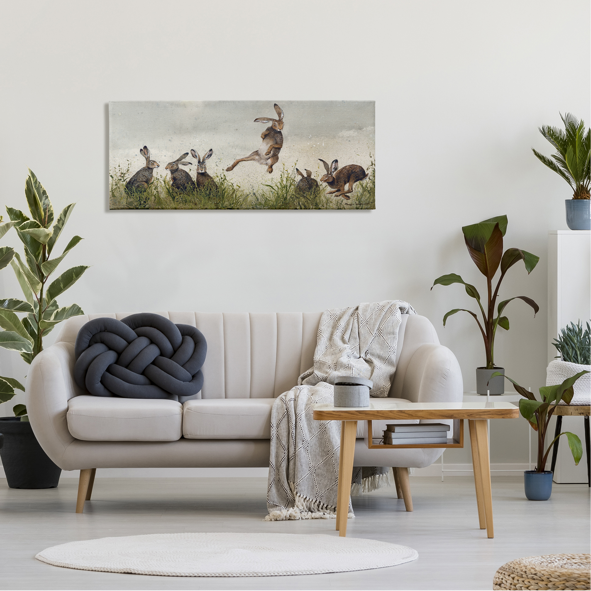 Stupell Industries Jumping Hares in Wild Animals & Insects Painting Gallery Wrapped Canvas Print Wall Art, 48 x 20
