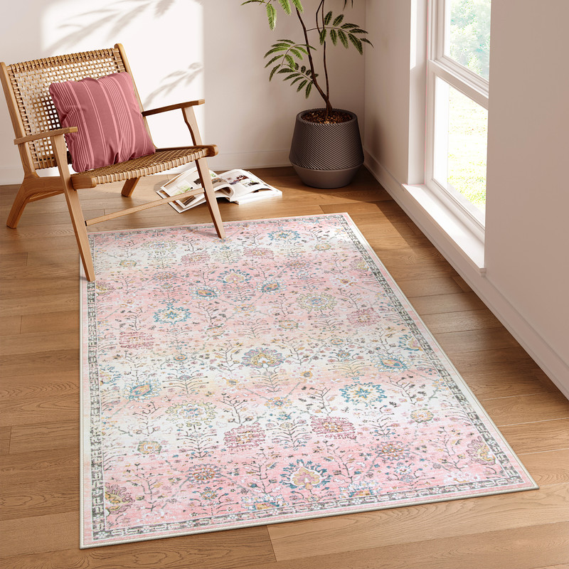 Wonnitar 3'x5' Light Pink Boho Rug, Machine Washable Area Rugs 3x5ft Dorm Rugs for College Students Girls, Soft Floral Small Nursery Pastel Rug Pink Carpet for Bedroom Kids Room