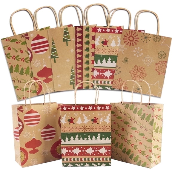 24Pack Christmas Gift Bags Christmas Kraft Gift Bags Paper Goody Gift Christmas Gift 9 x 7.3 x 3.3in