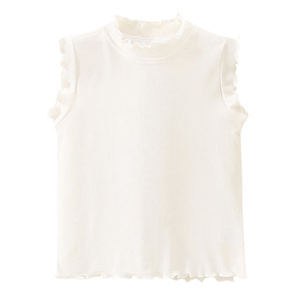 KHONTS Girls Summer Tank Tops Ruffle Trim Sleeveless Shirts Neck Ribbed Knit Pullover Tops,Size 1-10 Years White 90