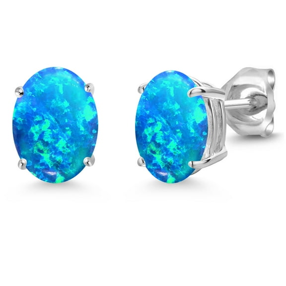 Gem Stone King 14K White Gold Blue Opal Double Notch Stud Earrings | 2.12 Cttw | Gemstone October Birthstone | Oval Cabochon 8X6MM | Gold Earrings for Women Men