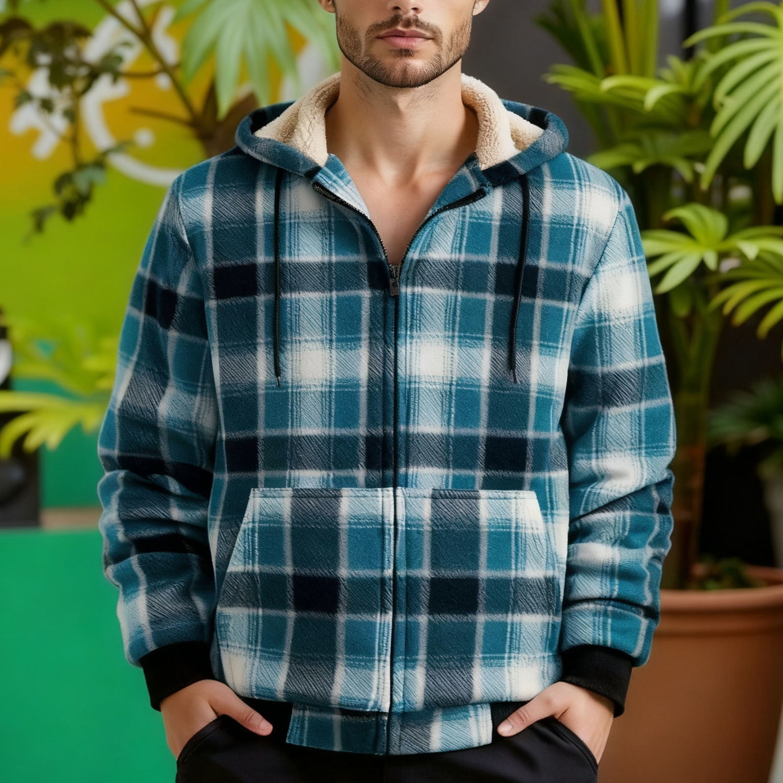 Xcmzpl Mens Plaid Hoodies Winter Coats Zip Up Fleece Shacket Jacket Sherpa Lined Warm Flannel Jacket Coat with Pocket Men Winter Coats Gifts