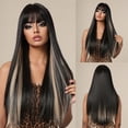 thumbnail image 1 of 26" Long Straight Synthetic Fiber Wig with Bangs - High-Temperature Resistant, Natural-Looking, Glueless Stretchable Rose Net Cap - Ideal for Daily, Party, Wedding Use - Available in Multiple Colors, 1 of 6