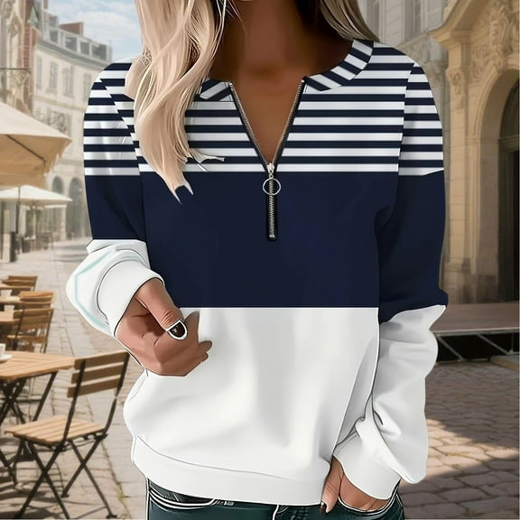 CQONEPT Women's Long Sleeve Tunic Tops Plus Size 1/4 Zip Color Block Pullover V Neck Stripe Trendy Casual Clothes White XXL