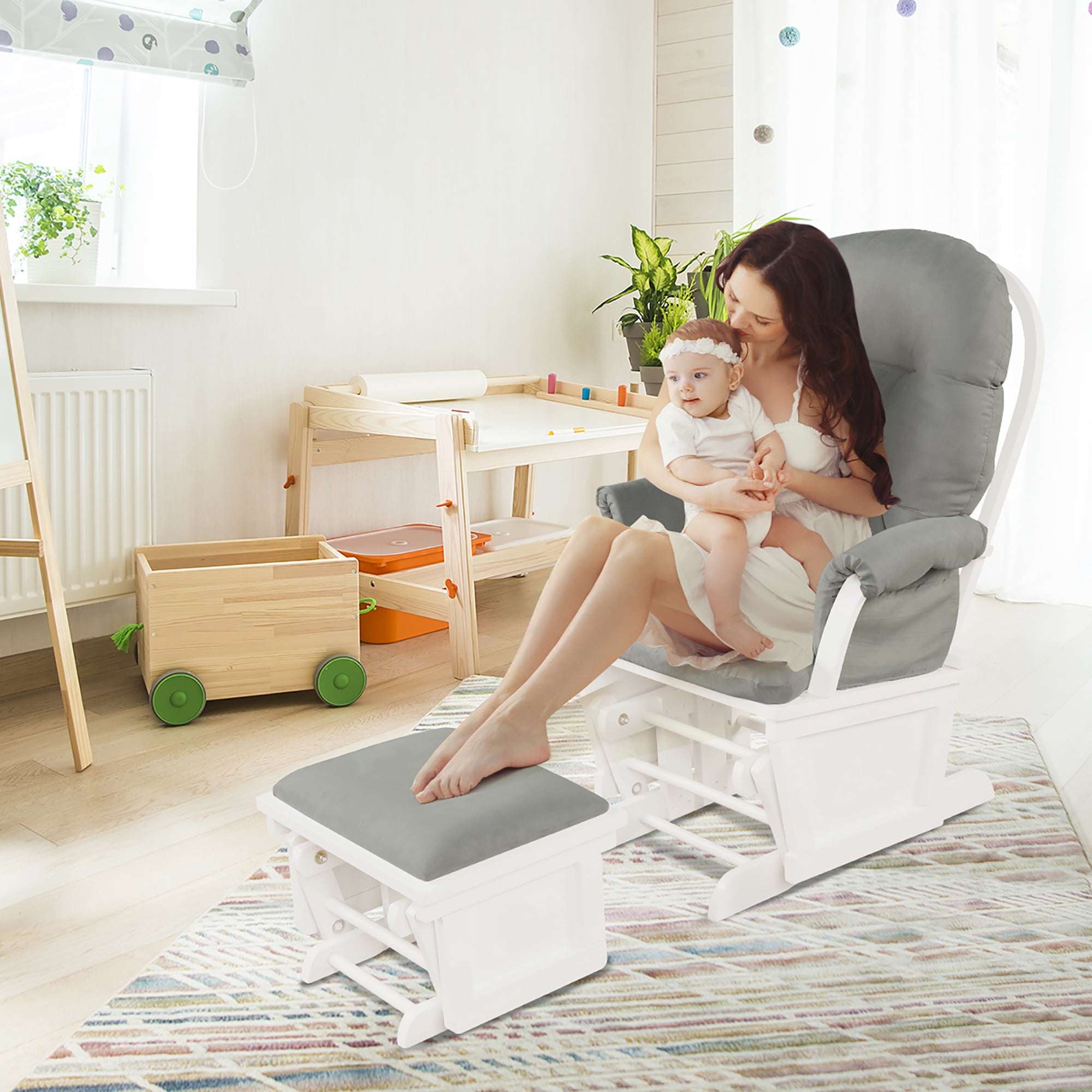 Costway Baby Nursery Relax  Rocker Rocking Chair Glider &Ottoman Set w/Cushion Light 3-6 Years Grey